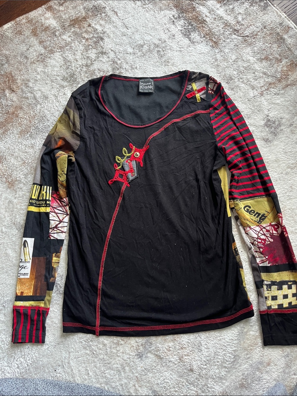 Desigual-Inspired Black Patchwork Long Sleeve Top with Red Accents